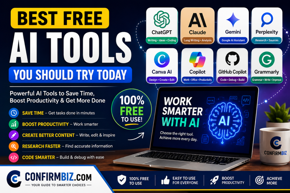 Best free AI tools you should try today comparison featuring ChatGPT, Claude AI, Google Gemini, Canva AI, Perplexity AI, GitHub Copilot, Grammarly, and Microsoft Copilot