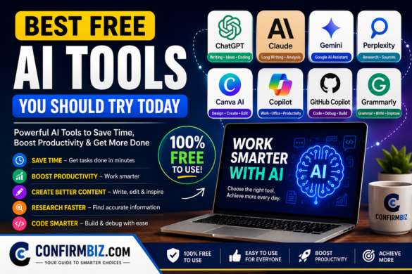 Best free AI tools you should try today comparison featuring ChatGPT, Claude AI, Google Gemini, Canva AI, Perplexity AI, GitHub Copilot, Grammarly, and Microsoft Copilot