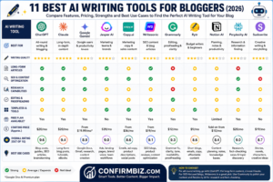 Comparison infographic of the 11 best AI writing tools for bloggers in 2026, including ChatGPT, Claude, Google Gemini, Jasper AI, Copy.ai, Writesonic, Grammarly, Rytr, Notion AI, Perplexity AI, and Sudowrite with features, ratings, pricing, and best use cases.