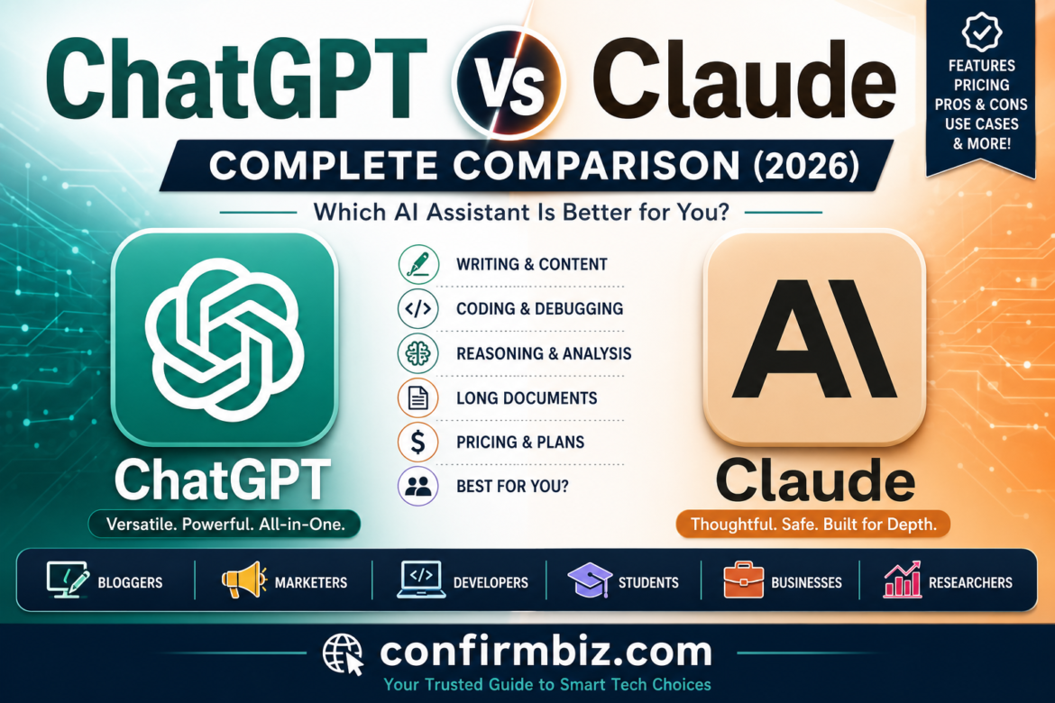 ChatGPT vs Claude complete comparison feature image showing OpenAI ChatGPT and Anthropic Claude with key comparison categories including writing, coding, pricing, features, and productivity.