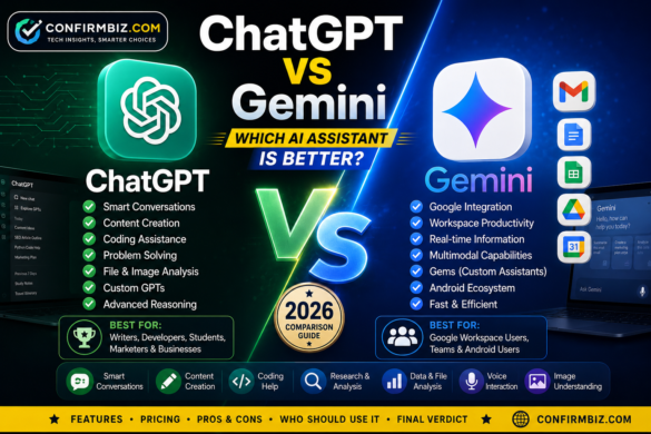 ChatGPT vs Gemini comparison showing features, pricing, pros and cons, Google Workspace integration, coding, content creation, and the best AI assistant in 2026.