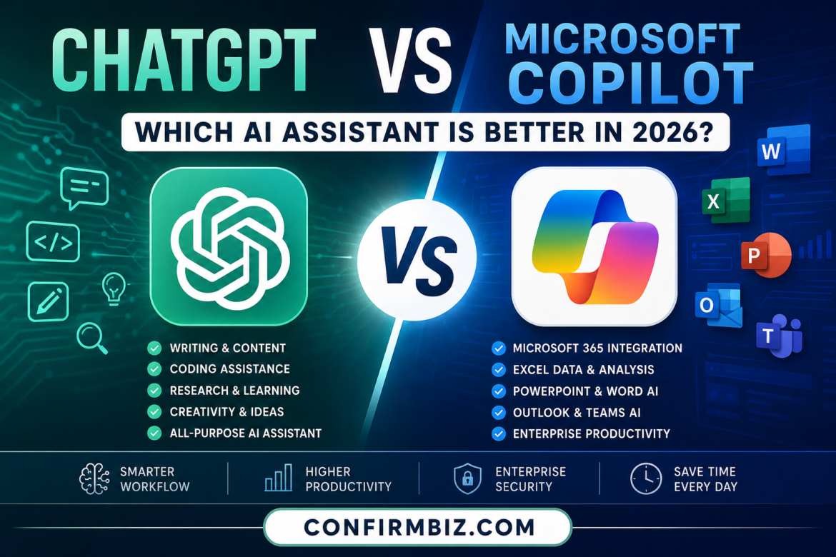 ChatGPT vs Microsoft Copilot comparison showing features, pricing, productivity, Microsoft 365 integration, and AI capabilities in 2026.