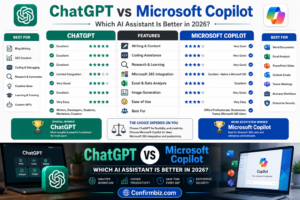 ChatGPT vs Microsoft Copilot comparison infographic showing features, Microsoft 365 integration, writing, coding, pricing, productivity, and Confirmbiz.com branding for 2026.