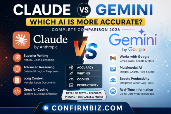 Claude vs Gemini AI comparison showing accuracy, writing, coding, features, pricing, and performance with ConfirmBiz.com branding.