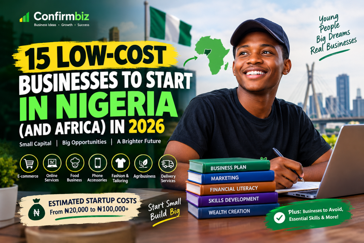 Affordable business ideas for Nigerian youths in 2026, showing young entrepreneurs working in digital services, retail, and small businesses.